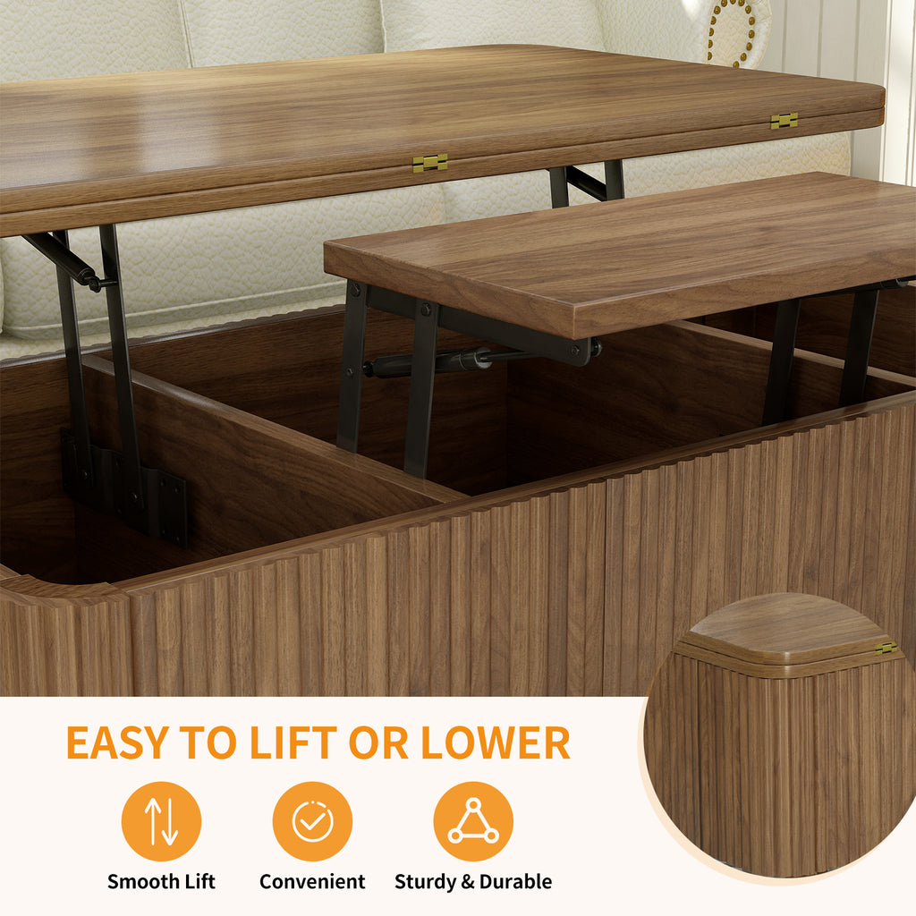 Lift Top Coffee Table – Modern Fluted Convertible Dining Table with Storage (Walnut)