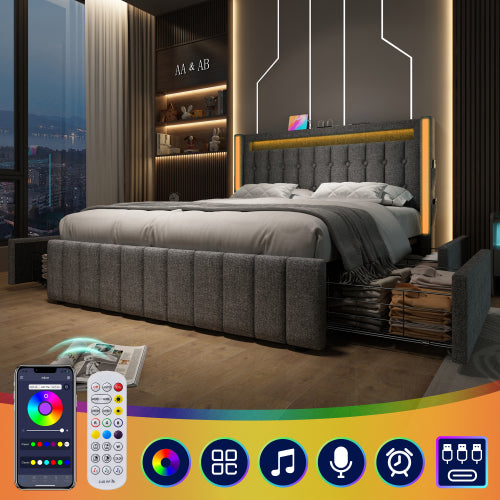 Modern Linen Storage Bed with USB Charging, LED Lighting & 4 Drawers – 160x200cm Double Bed with Mattress