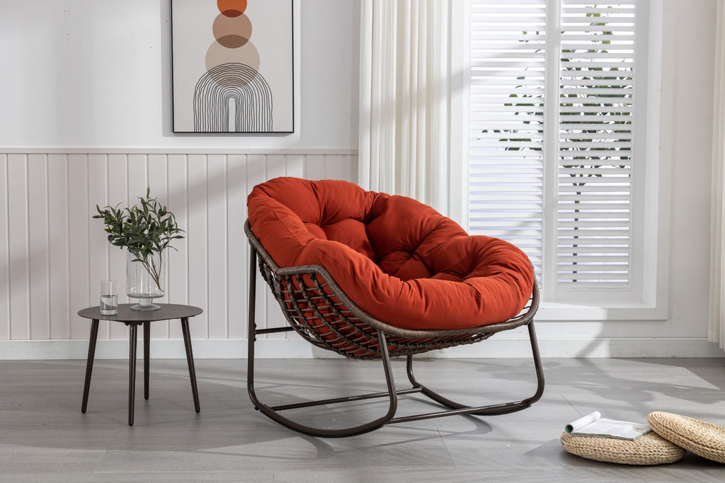Outdoor Rattan Rocking Chair with Padded Cushion – Oversized Rocker Recliner for Patio, Porch & Garden (Orange)