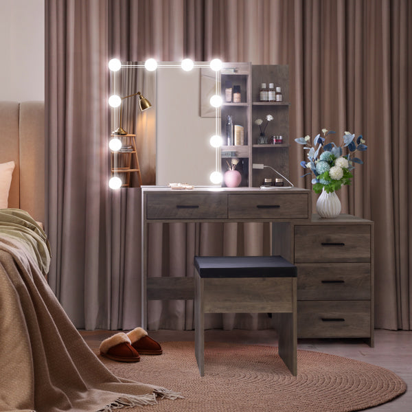 Modern LED Vanity Dressing Table with Mirror Cabinet, Stool & Charging Station – White