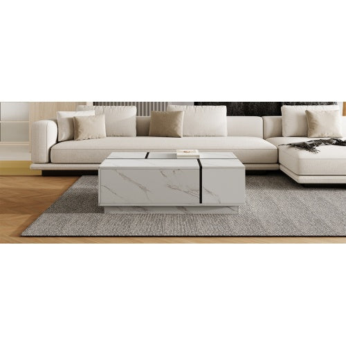 Rectangular Sliding Top Coffee Table with 2 Drawers & Hidden Storage – Modern White Living Room Table 47.2”