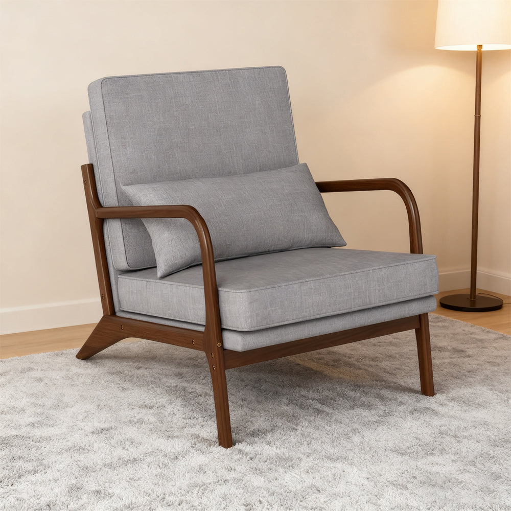 Modern Accent Chair with Rubber Wood Armrests & Removable Cushions