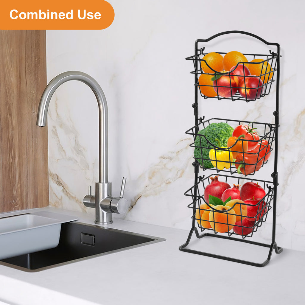 Simple Multi-Layer Iron Storage Shelf – 3-Tier Fruit & Vegetable Basket (Black)