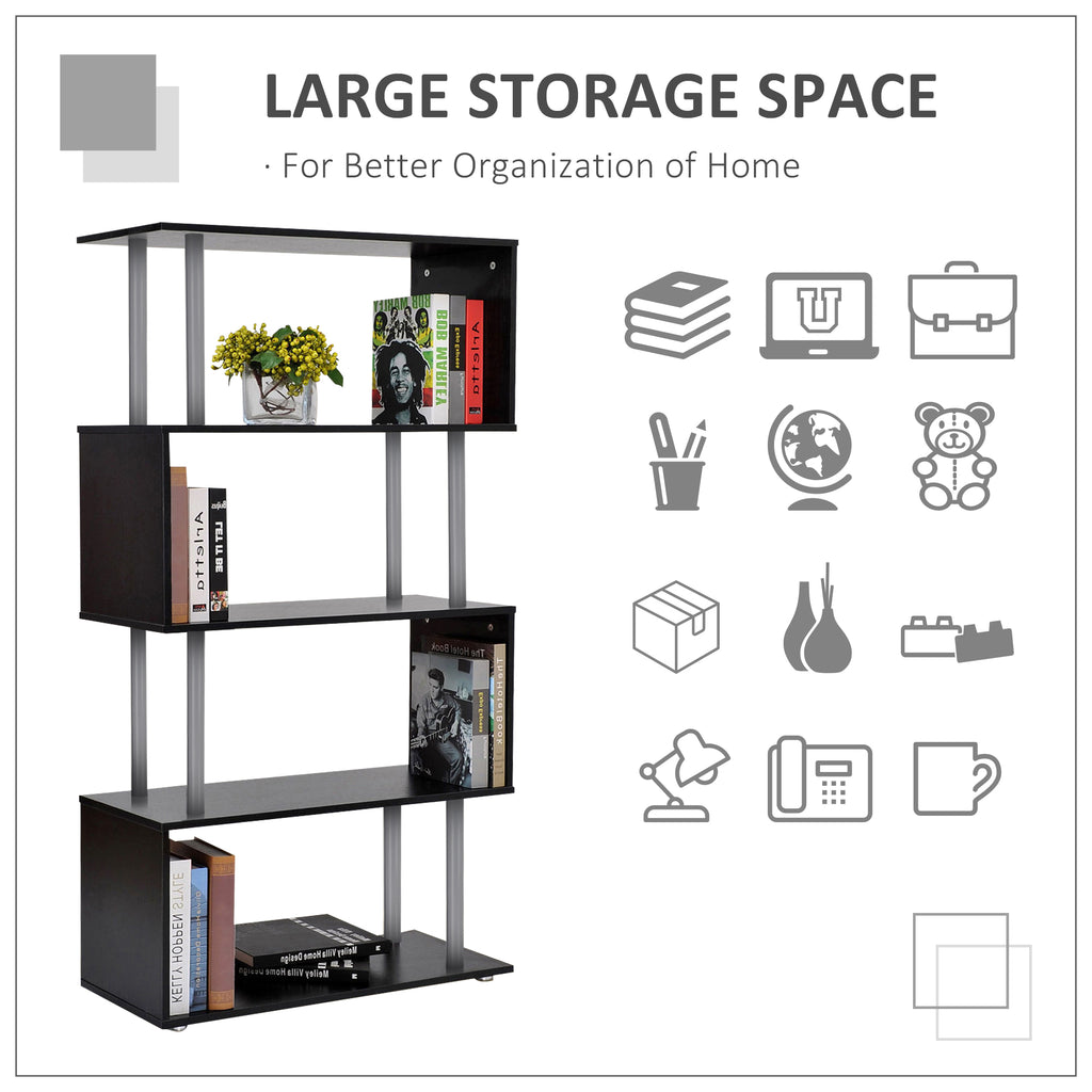 5-Tier S-Shaped Bookcase – Modern Wooden Storage Shelf for Home & Office (Black)