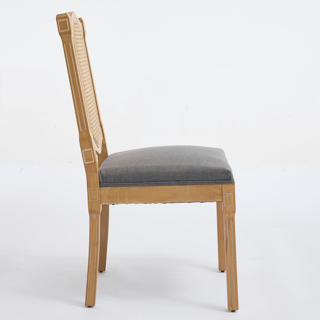 Solid Wood Rattan-Back Dining Chair Set of 2 – Linen Upholstered Classic Chairs for Dining Room & Café