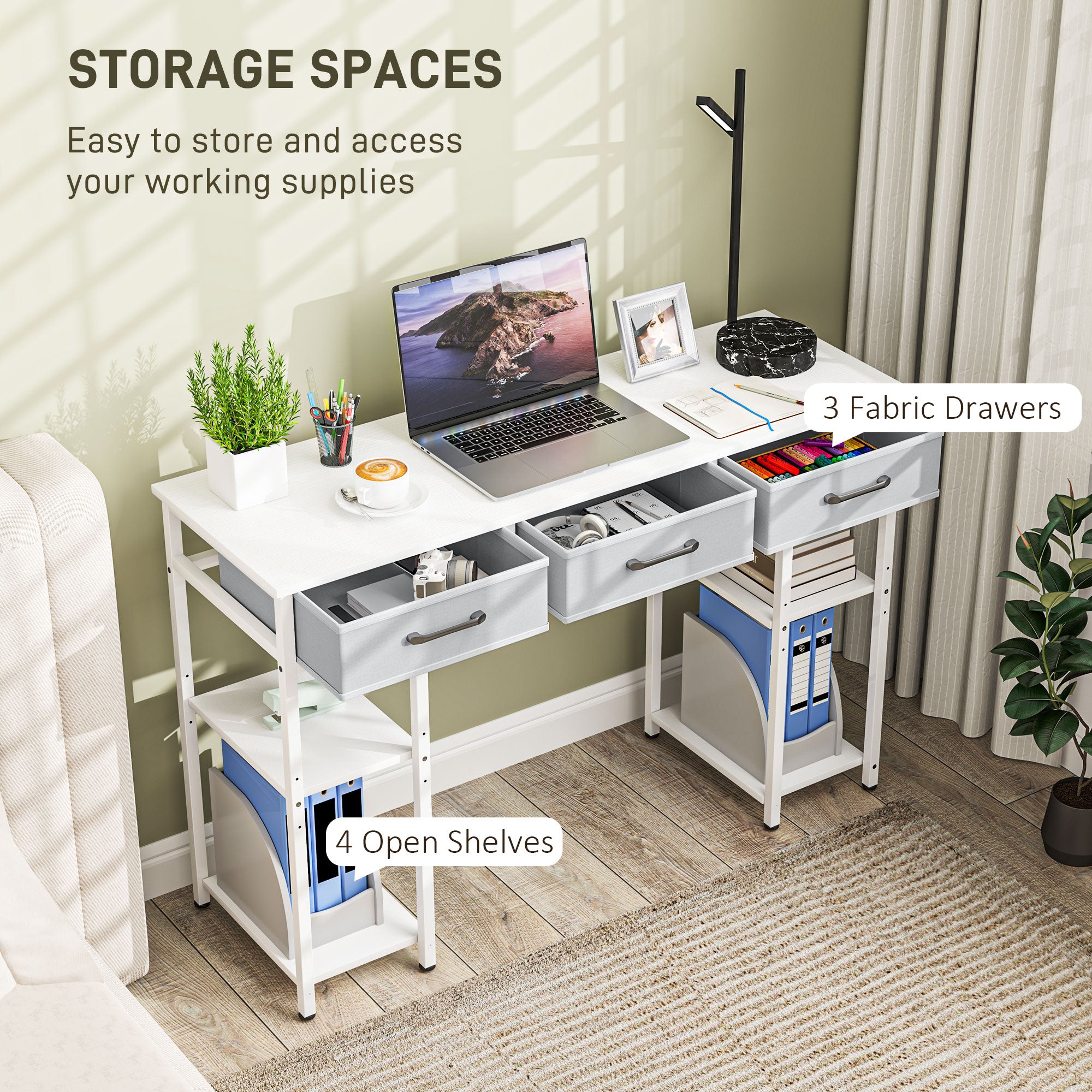 47" Small Computer Desk with Fabric Drawers – Home Office Desk with Adjustable Shelves, White
