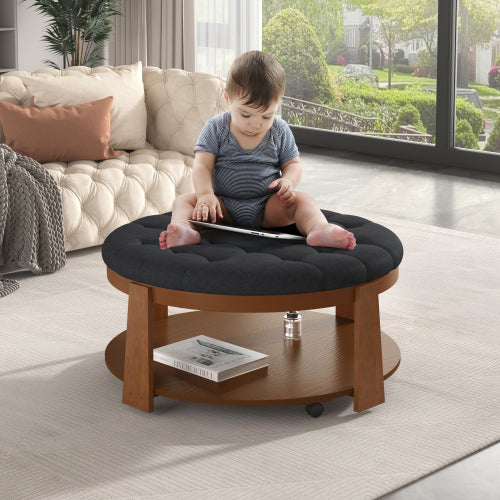 Modern Large Round Ottoman Coffee Table – 2-Tier Oversized Button Tufted Ottoman with Wood Shelf Storage