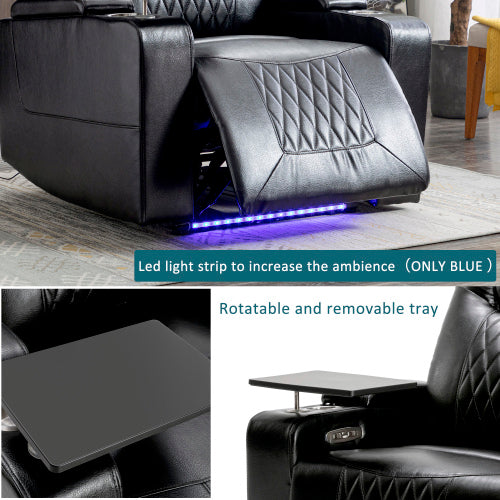 Electric Recliner Chair with USB, LED Ambient Lighting & 360° Swivel Tray – PU Leather Gaming & Home Theater Recliner (Black)