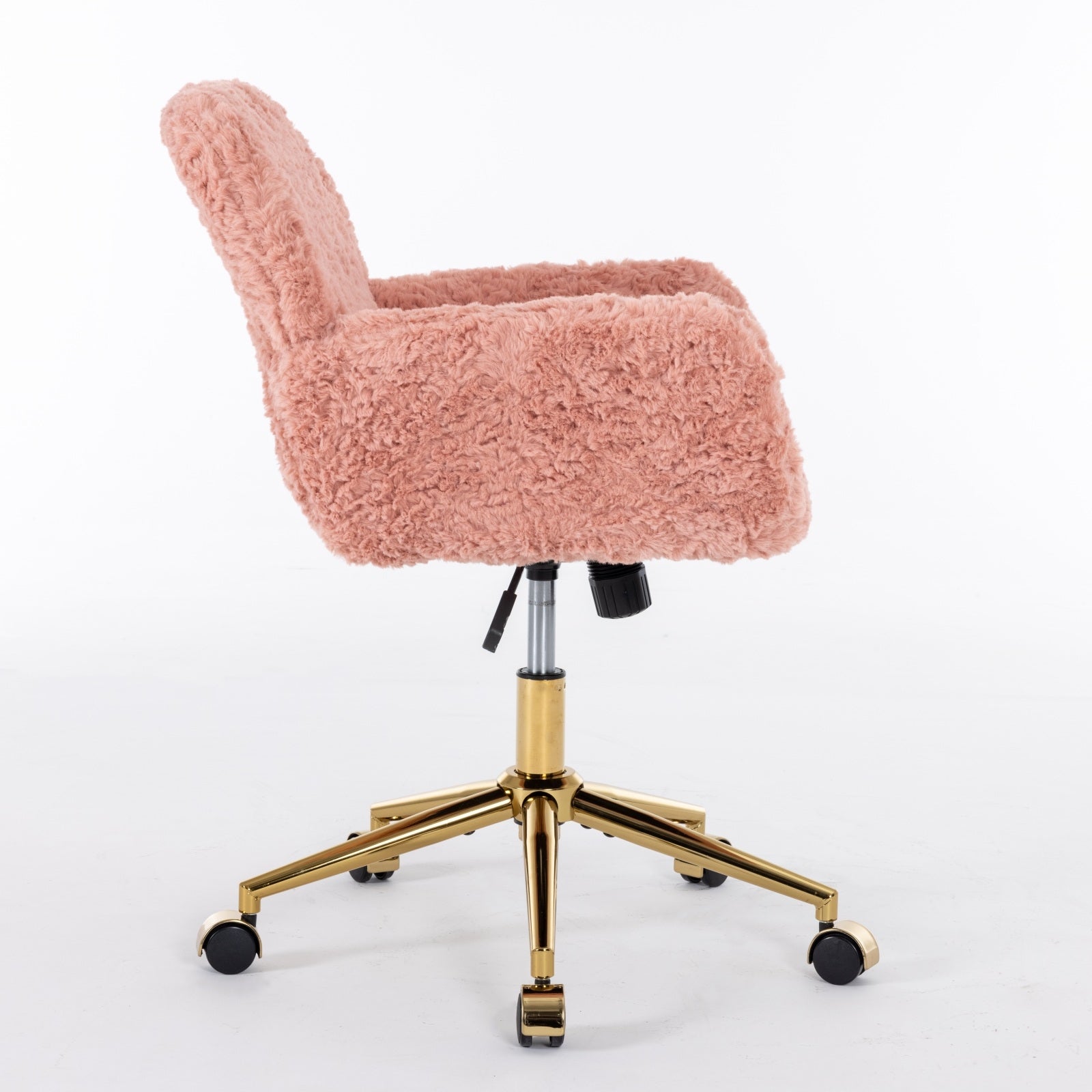 A&A Furniture Pink Office Chair – Faux Rabbit Fur Adjustable Swivel Desk & Vanity Chair with Gold Metal Base
