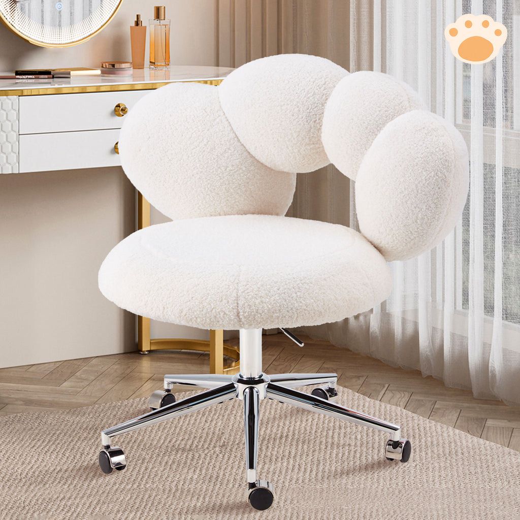 Armless Desk Chair Teddy Fabric Vanity Chair with Wheels – Cute & Comfortable Cat Paw Design