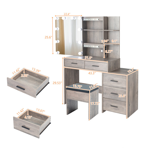 Modern LED Vanity Dressing Table with Mirror Cabinet, Stool & Charging Station – White