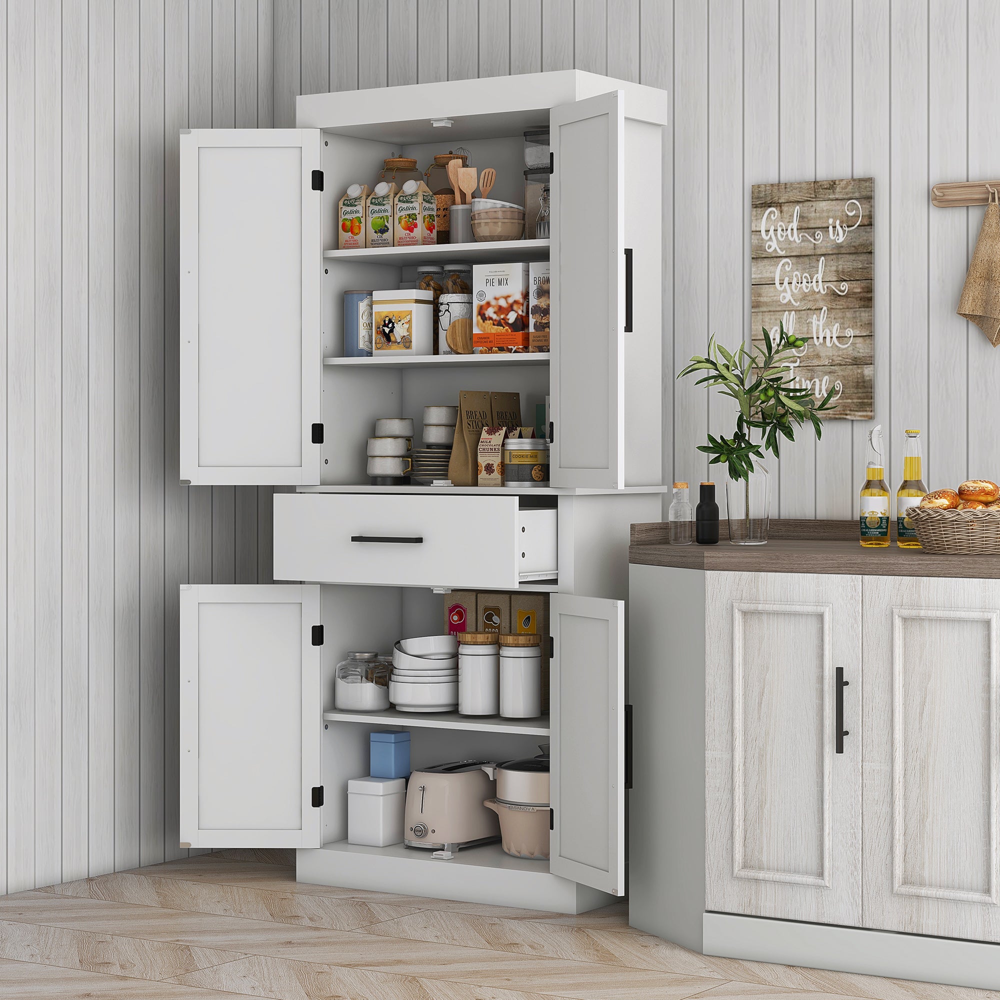 Tall Kitchen Pantry Cabinet with Barn Doors & Adjustable Shelves – Farmhouse Storage Cabinet