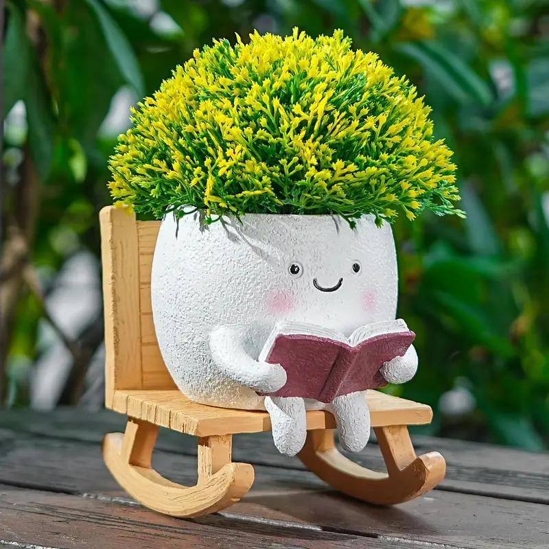 2-Piece Cute Character Reading Rocking Chair Resin Flower Pots – Indoor & Outdoor Decorative Planters