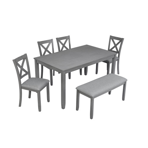 6-Piece Gray Kitchen Dining Set – Rectangular Wooden Table with 4 Upholstered Chairs & Bench
