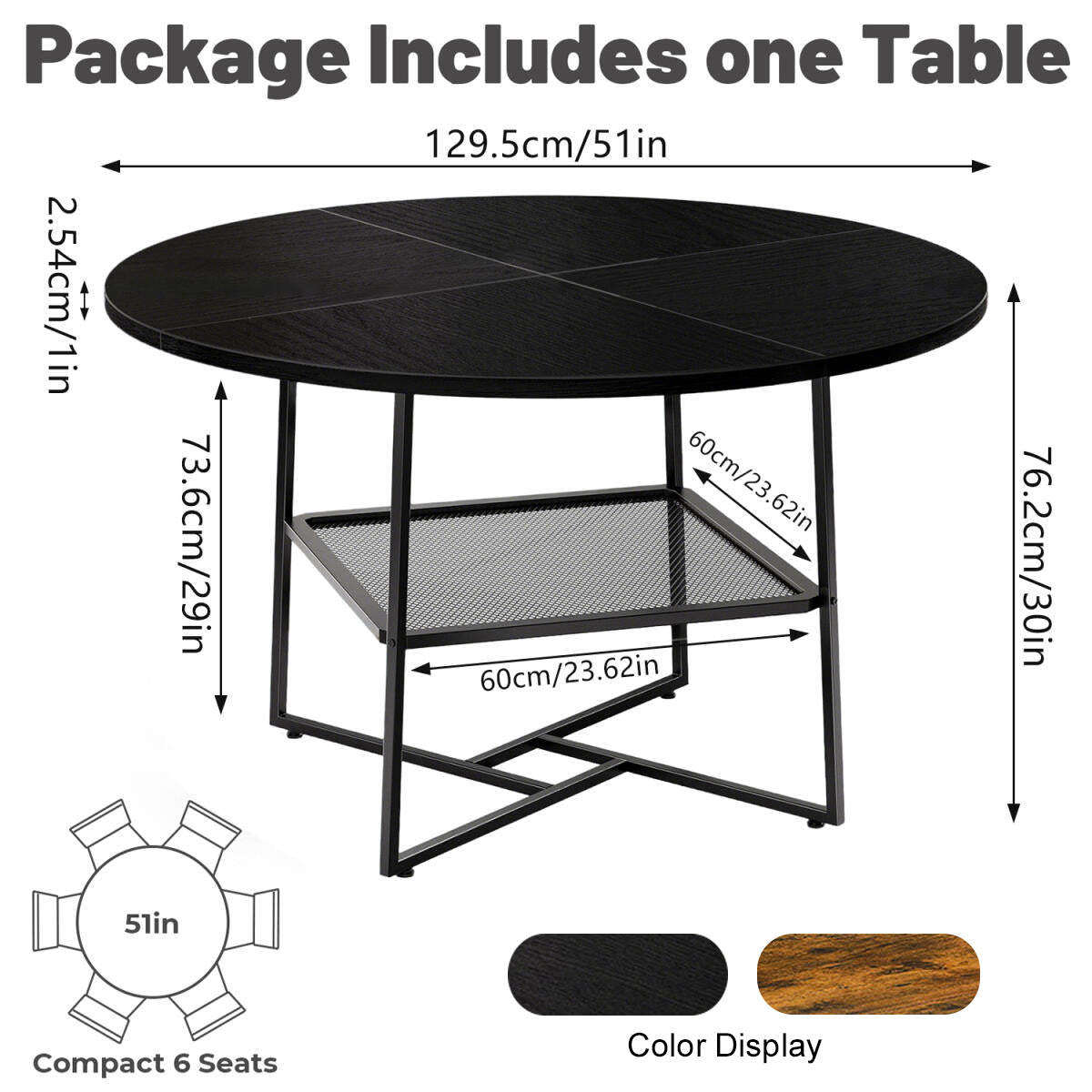 51-Inch Round Dining Table for 4-6 – Tiger Stripes Black Wooden Table with Metal Legs and Storage Shelf