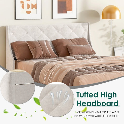 Queen Size Bed Frame with Storage Headboard & Drawers – Silent Metal Platform Bed
