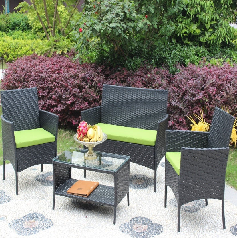 4-Piece Rattan Patio Furniture Set – Outdoor Wicker Sofa Set with Green Cushions