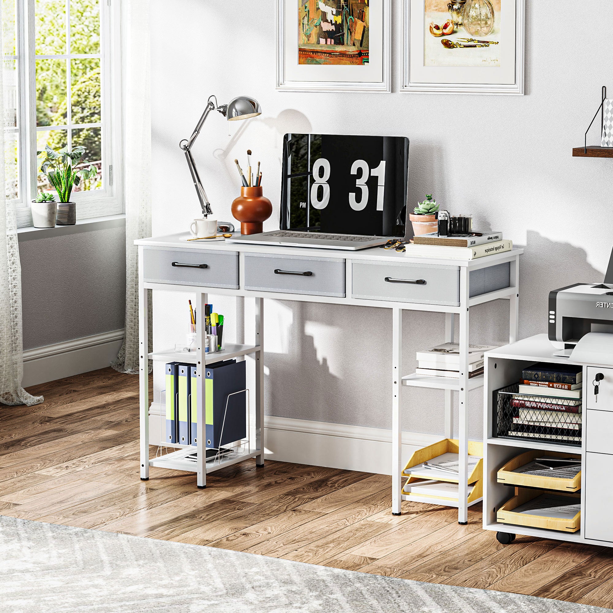Best Home office Setup with Fabric Drawers – Home Office Desk with Adjustable Shelves, White