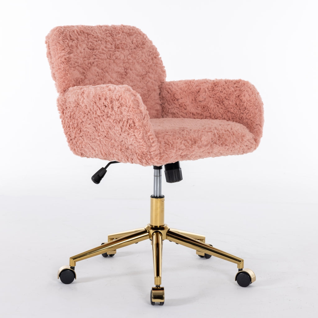A&A Furniture Pink Office Chair – Faux Rabbit Fur Adjustable Swivel Desk & Vanity Chair with Gold Metal Base