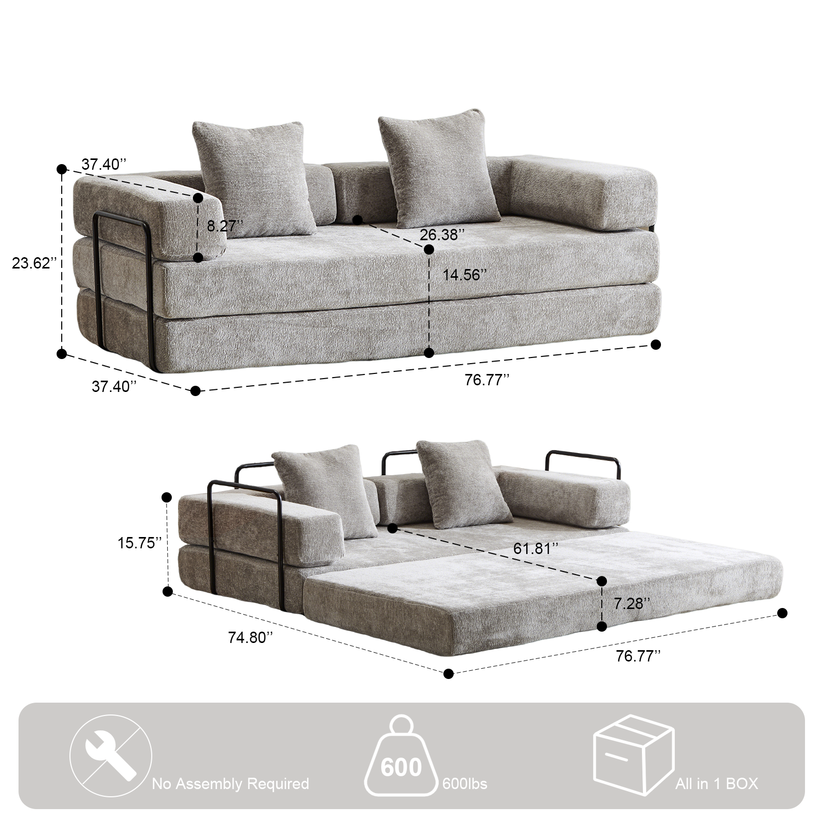 Convertible Floor Couch Sofa Bed – 3-Seat Chenille Compression Futon with Memory Foam (Light Grey)