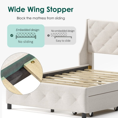 Queen Size Bed Frame with Storage Headboard & Drawers – Silent Metal Platform Bed