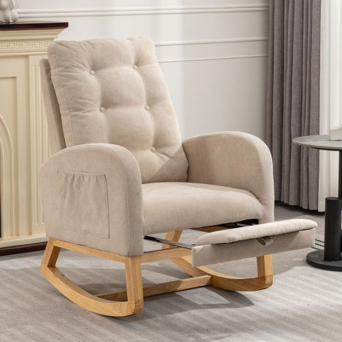 Accent Rocking Chair with Footrest – High Back Upholstered Lounge Rocker with Rubber Wood Legs