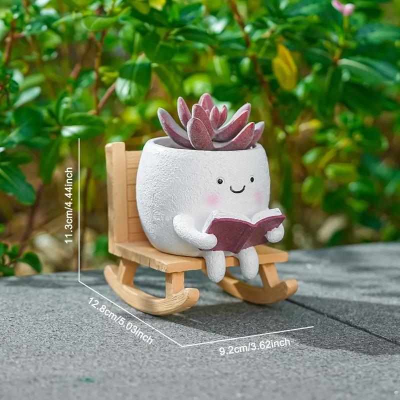2-Piece Cute Character Reading Rocking Chair Resin Flower Pots – Indoor & Outdoor Decorative Planters