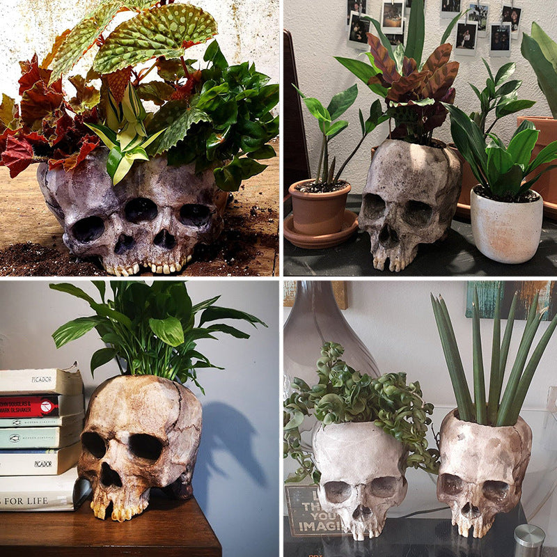 Halloween Skull Resin Planter Ornament – European Style Decorative Skull Pot