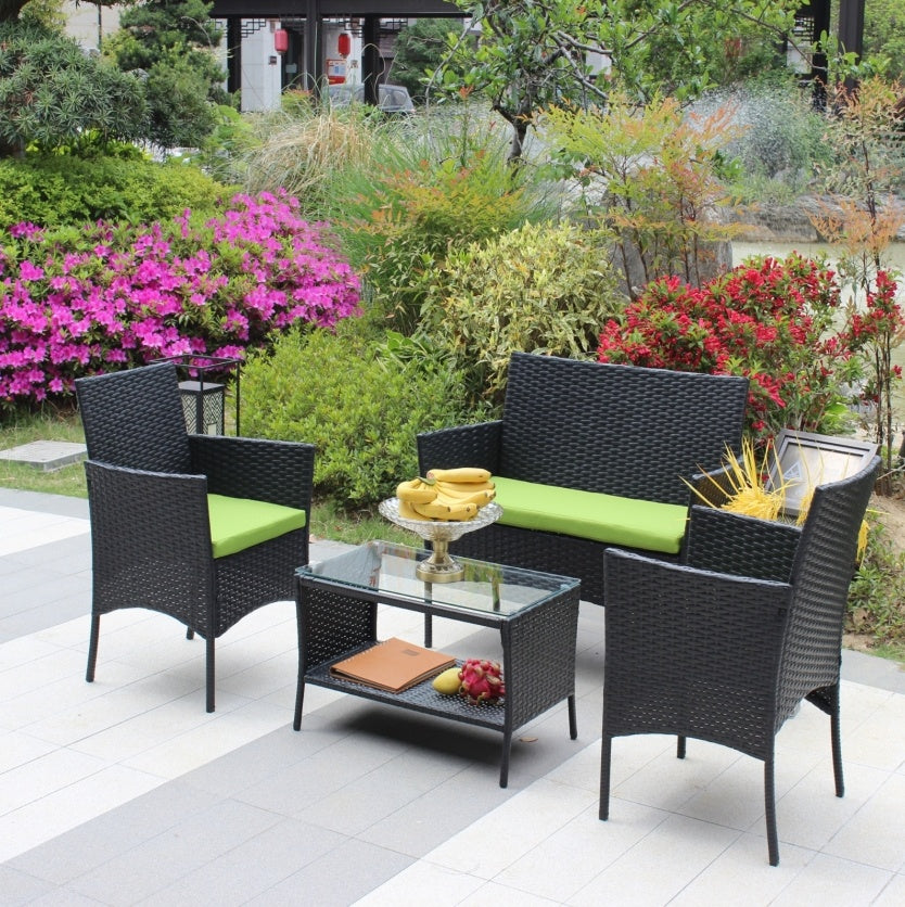 4-Piece Rattan Patio Furniture Set – Outdoor Wicker Sofa Set with Green Cushions