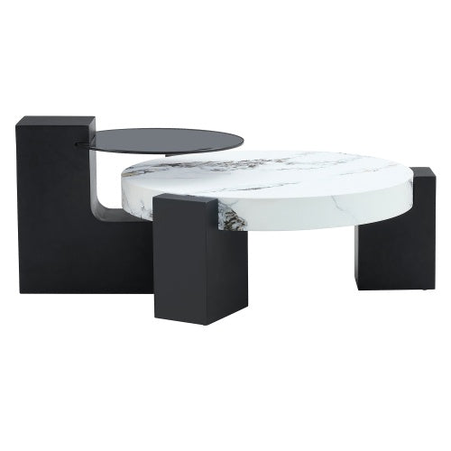 Modern Double-Layer Round Coffee Table – Transparent Gray Glass Top with Black MDF L-Shaped Legs