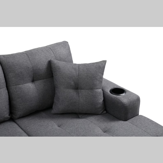 Modern Grey Sectional Sofa – Comfortable Fabric 2-Piece L-Shaped Couch with Cup Holders and Pillows