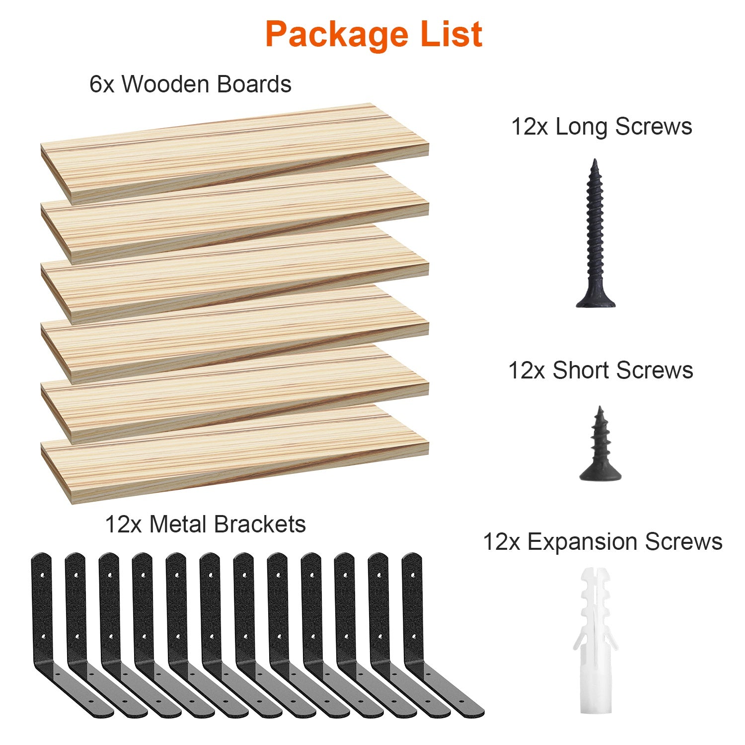 6 Sets Floating Wall Shelves – Wood Storage Display with Metal Brackets