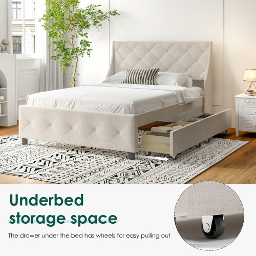 Queen Size Bed Frame with Storage Headboard & Drawers – Silent Metal Platform Bed