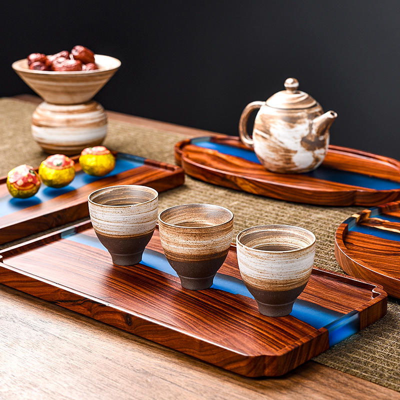 Small Leaf Red Sandalwood Tea Tray – Epoxy Resin Retro Chinese Style Table Tray
