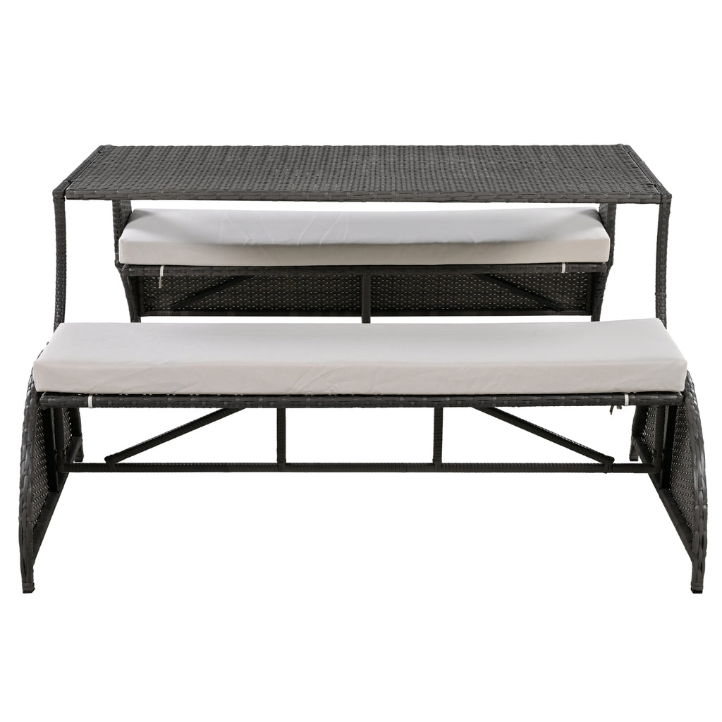 U-Style Outdoor Loveseat Convertible to 4 Seats with Table – HDPE Patio Furniture Set (Beige)