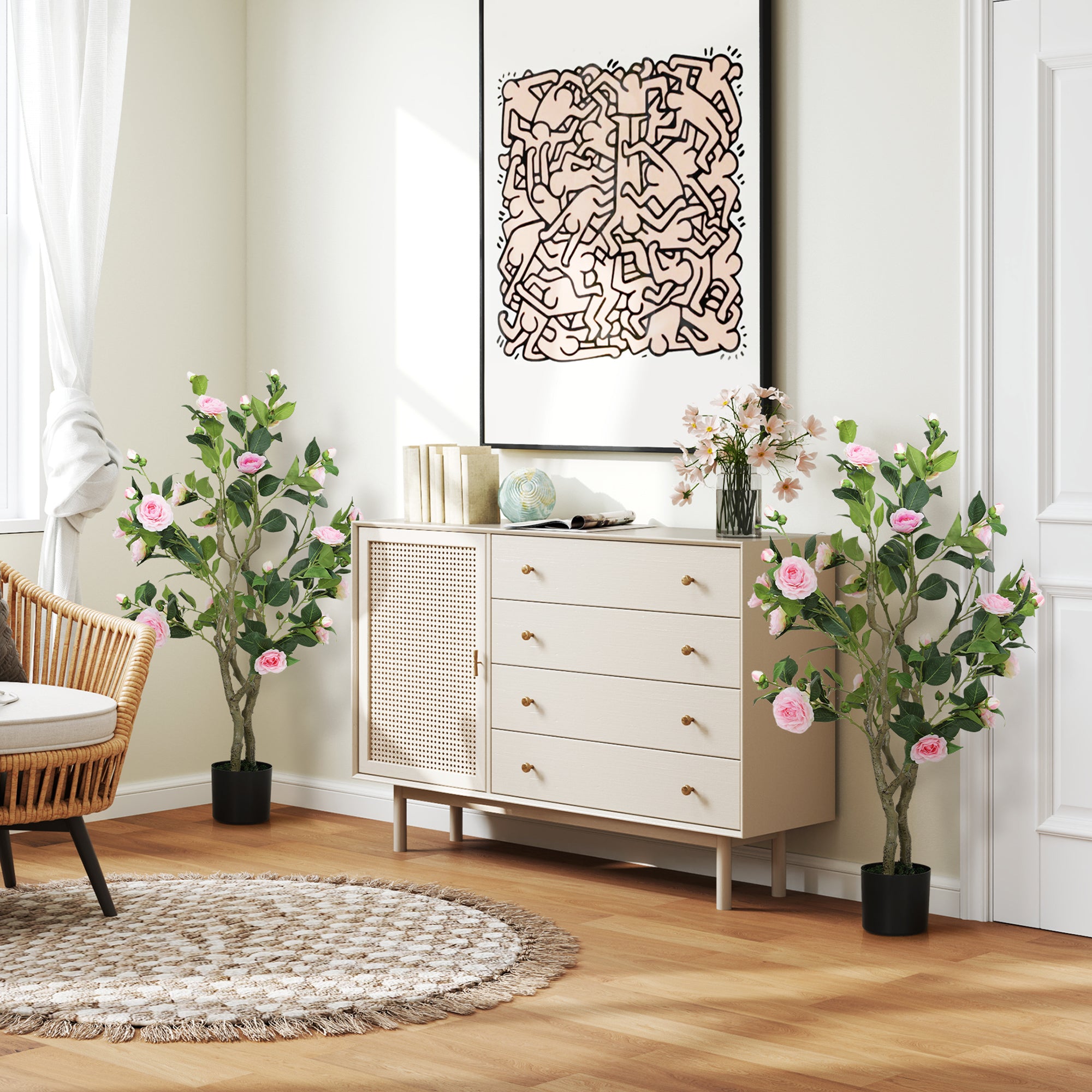 Artificial Camellia Flower Plants (Set of 2) – Indoor Faux Plants with Pot for Home Décor