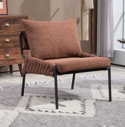 Modern Accent Lounge Chair – Braided Upholstery Armchair with Metal Frame (Beige)