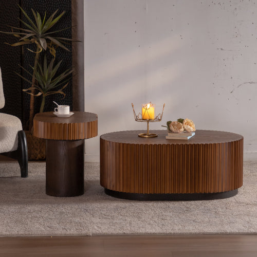 Handcrafted Round Nesting Coffee Table Set of 2 – Modern Wooden Center Tables with Wave Stripe Edge