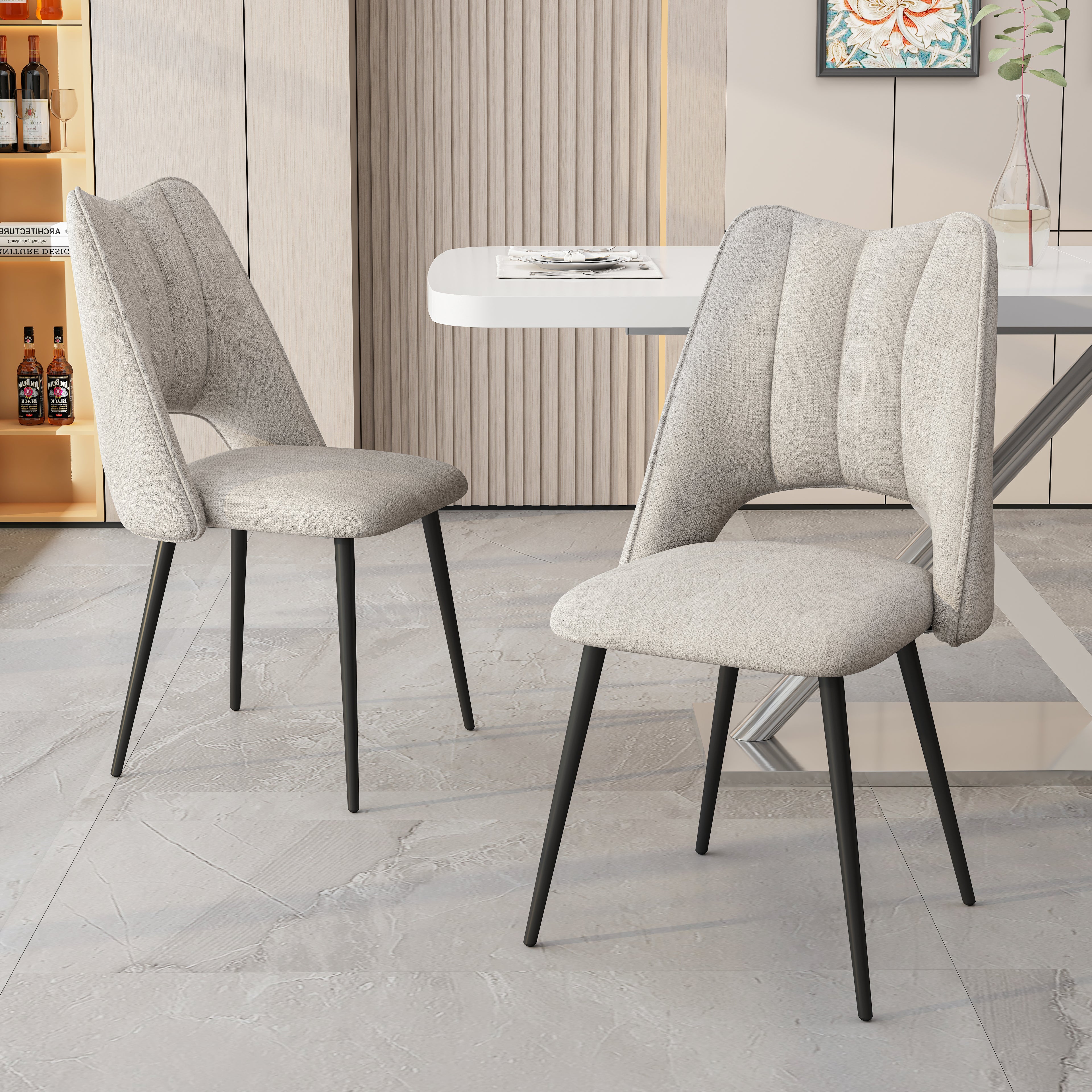Set of 4 Modern Upholstered Dining Chairs – Linen Fabric with Metal Legs (Beige)