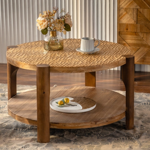 Round Solid Wood Coffee Table with Storage – 2-Tier Mid-Century Modern Design