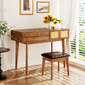 Classic Wood Makeup Vanity Set with Flip-Top Mirror & Stool – Brown Dressing Table with Drawers