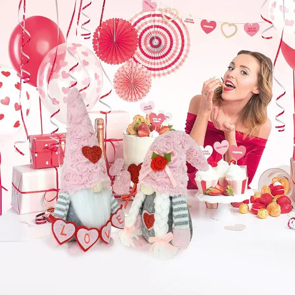 Valentine Special Gnomes Decorations for Home – Pink Plush Scandinavian Tomte Elf Ornaments