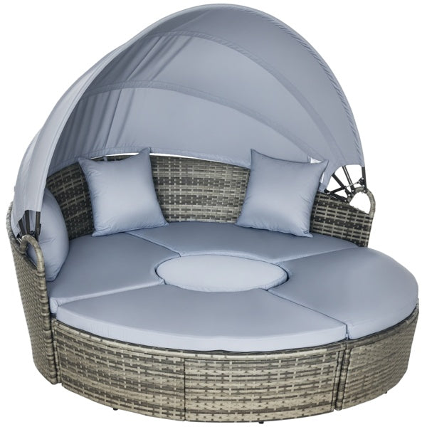 4-Piece Outdoor Rattan Sofa Chair Set with Retractable Canopy – Convertible Patio Daybed Furniture