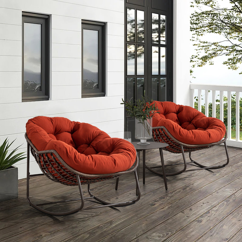 Outdoor Rattan Rocking Chair with Padded Cushion – Oversized Rocker Recliner for Patio, Porch & Garden (Orange)