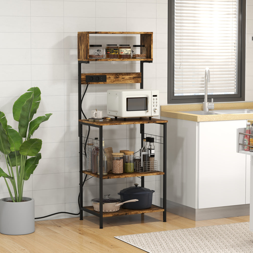 Kitchen Baker’s Rack with Power Outlet, LED Lights & Storage – Rustic Brown Microwave Stand & Coffee Bar Station