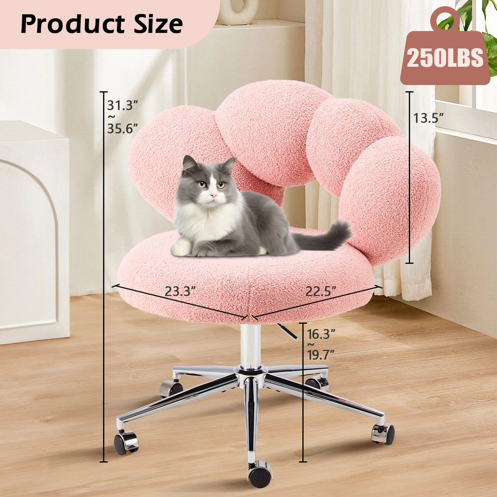 Armless Desk Chair Teddy Fabric Vanity Chair with Wheels – Cute & Comfortable Cat Paw Design