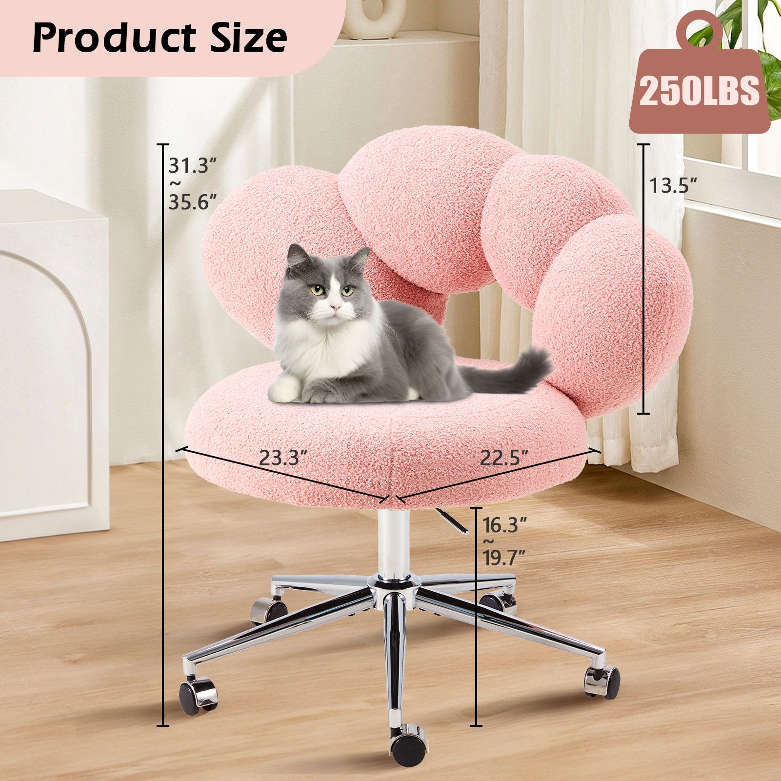 Armless Desk Chair Teddy Fabric Vanity Chair with Wheels – Cute & Comfortable Cat Paw Design