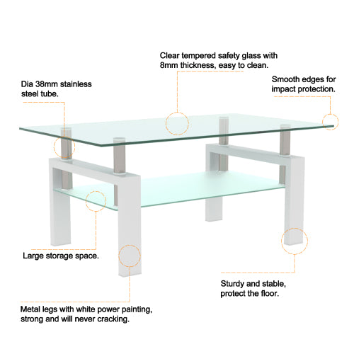 Glass Coffee Table – Double Layer Center Table with Storage for Living Room