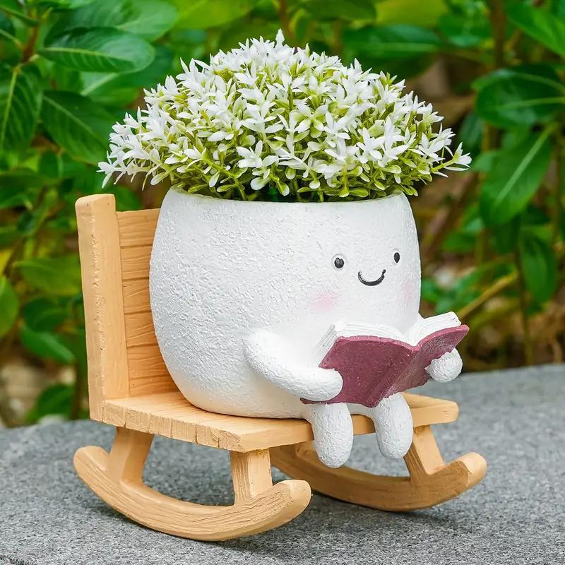 2-Piece Cute Character Reading Rocking Chair Resin Flower Pots – Indoor & Outdoor Decorative Planters