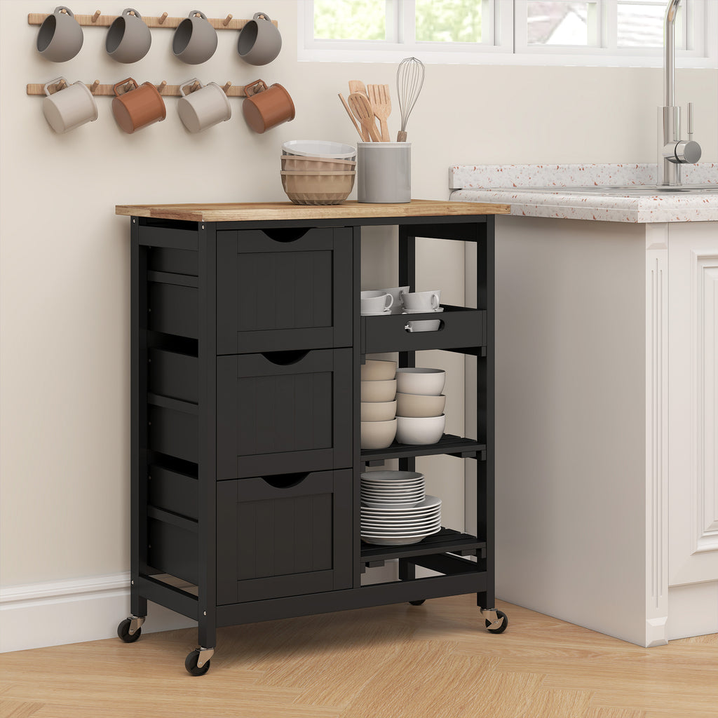 Rolling Kitchen Cart with Drawers & Shelves – Mobile Kitchen Island with Wooden Top